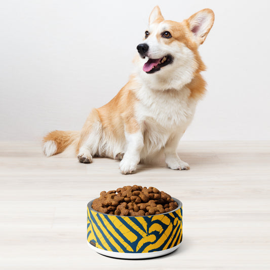 A cheerful Pembroke Welsh Corgi sits next to a blue and yellow Chichi pet bowl from Tintin Studios, showcasing vibrant, abstract patterns on its exterior. The bowl complements the playful and attentive demeanor of the dog, adding a splash of color to the scene.