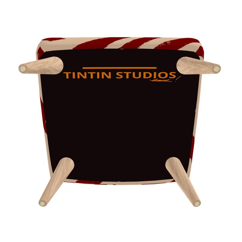 Underside view of the TUTU Artigianale Chair revealing the Tintin Studios logo, highlighting the chair’s sturdy construction and attention to brand quality.